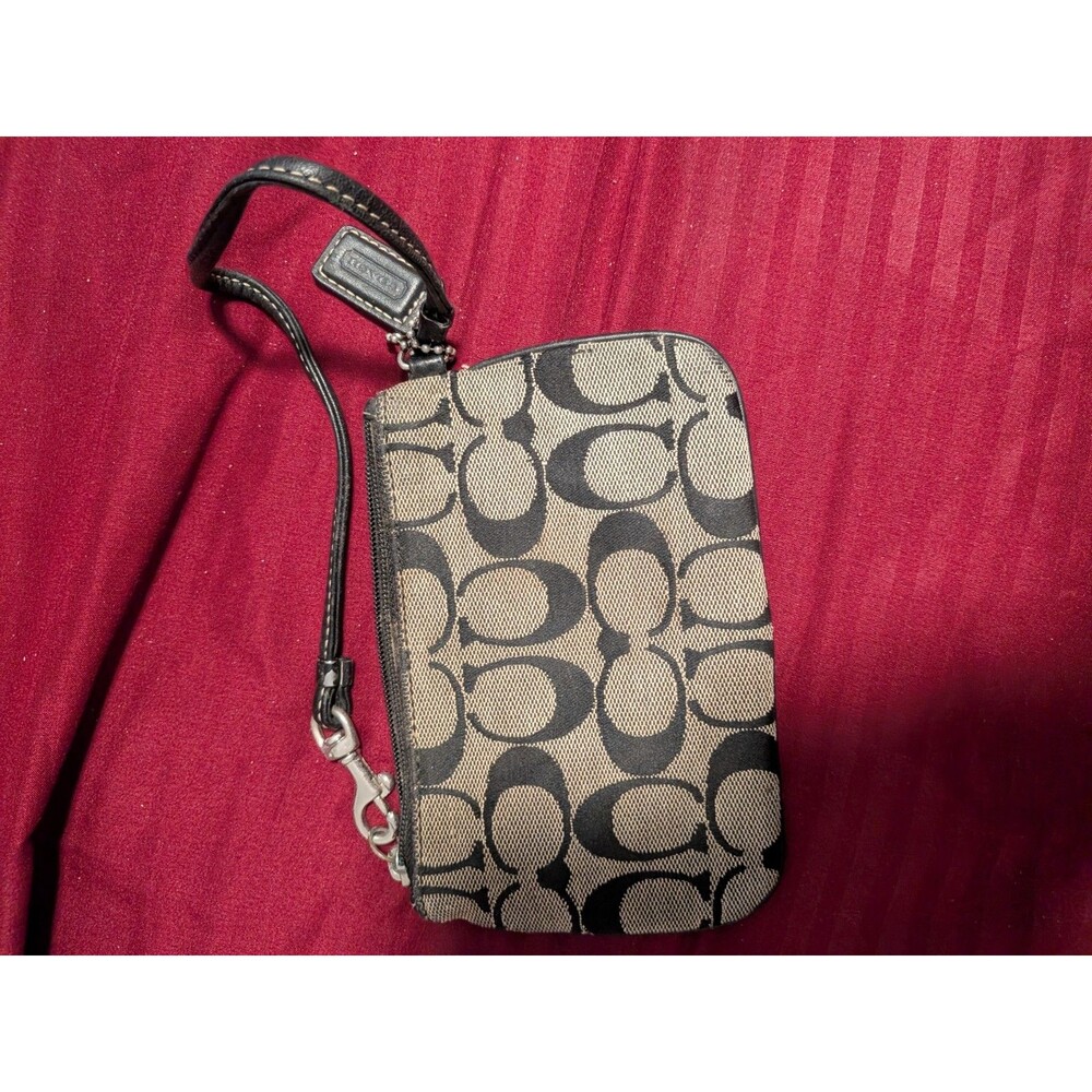 Coach Wristlet Grey Fabric w Black Silver Logo Leather Trim 6" x 4"